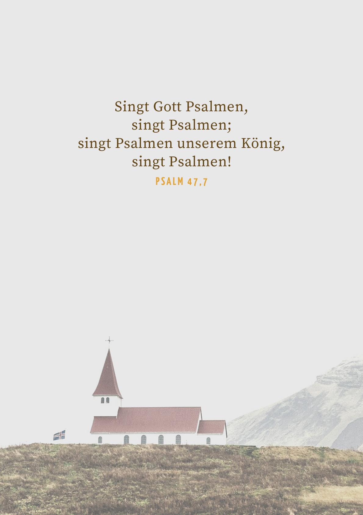 Rückseite des Psalter-Umschlags: Psalm-47-Zitat, Kirche vor Bergen